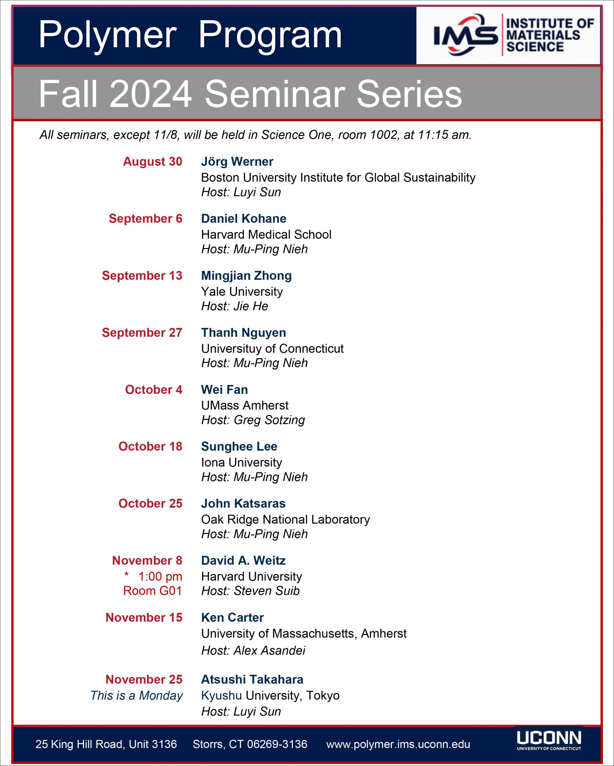 Polymer Program Fall 2024 Seminar Series listing of upcoming seminars