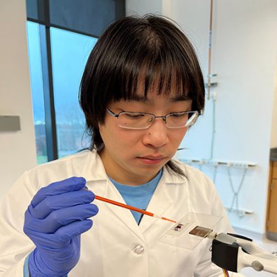 Ph.D. student Zizheng Wang places a dyed water droplet onto a ribbon array and slowly rotates the substrate to observe when the droplet begins to move