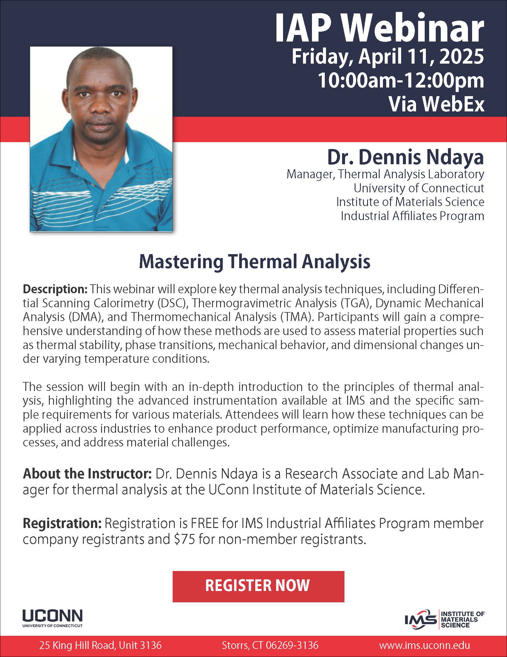 flyer announcing IMS Industrial Affiliates Program webinar entitled Mastering Thermal Analysis to be held on April 11, 2025