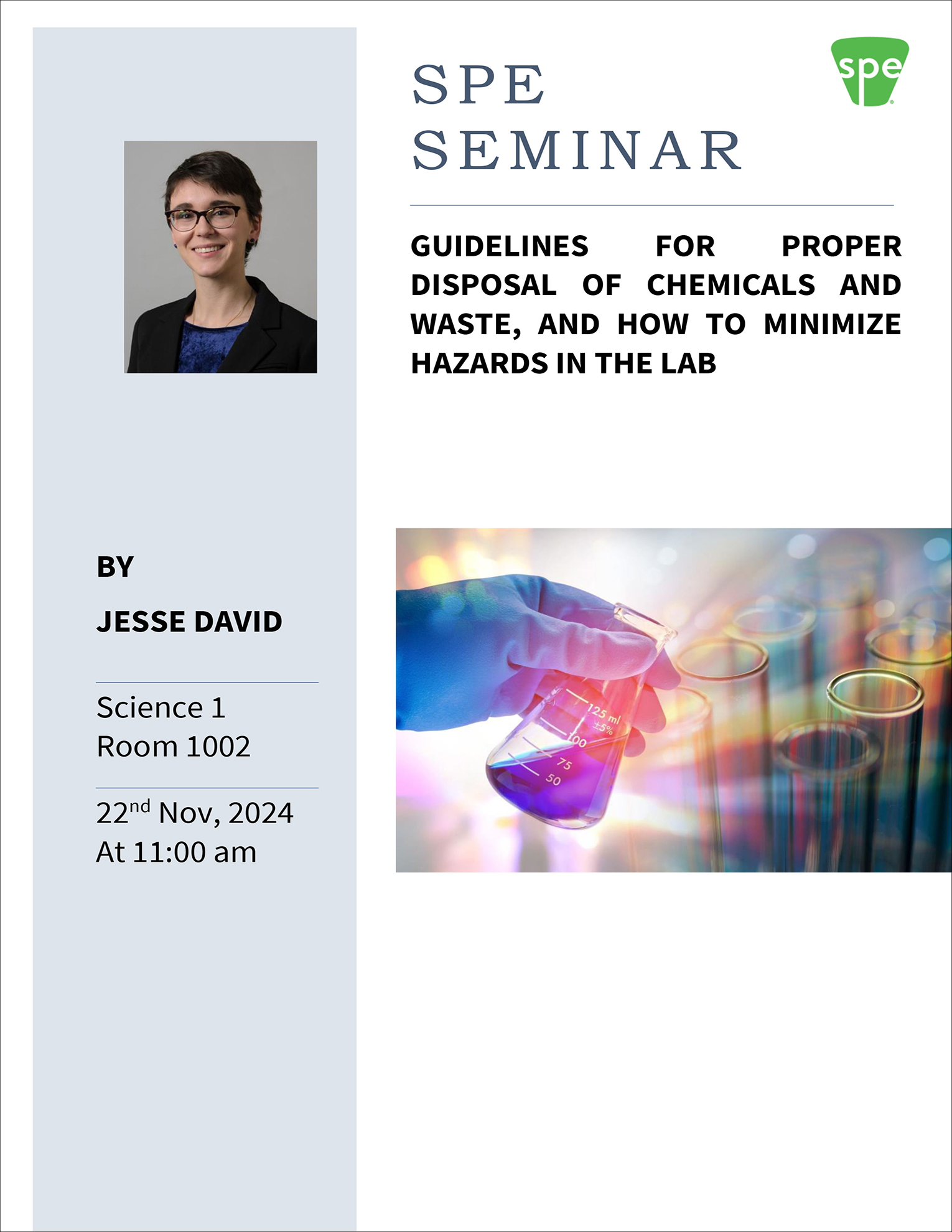 Flyer for SPE seminar on 11/22/2024 in Science 1 Room 1002 featuring Jesse David