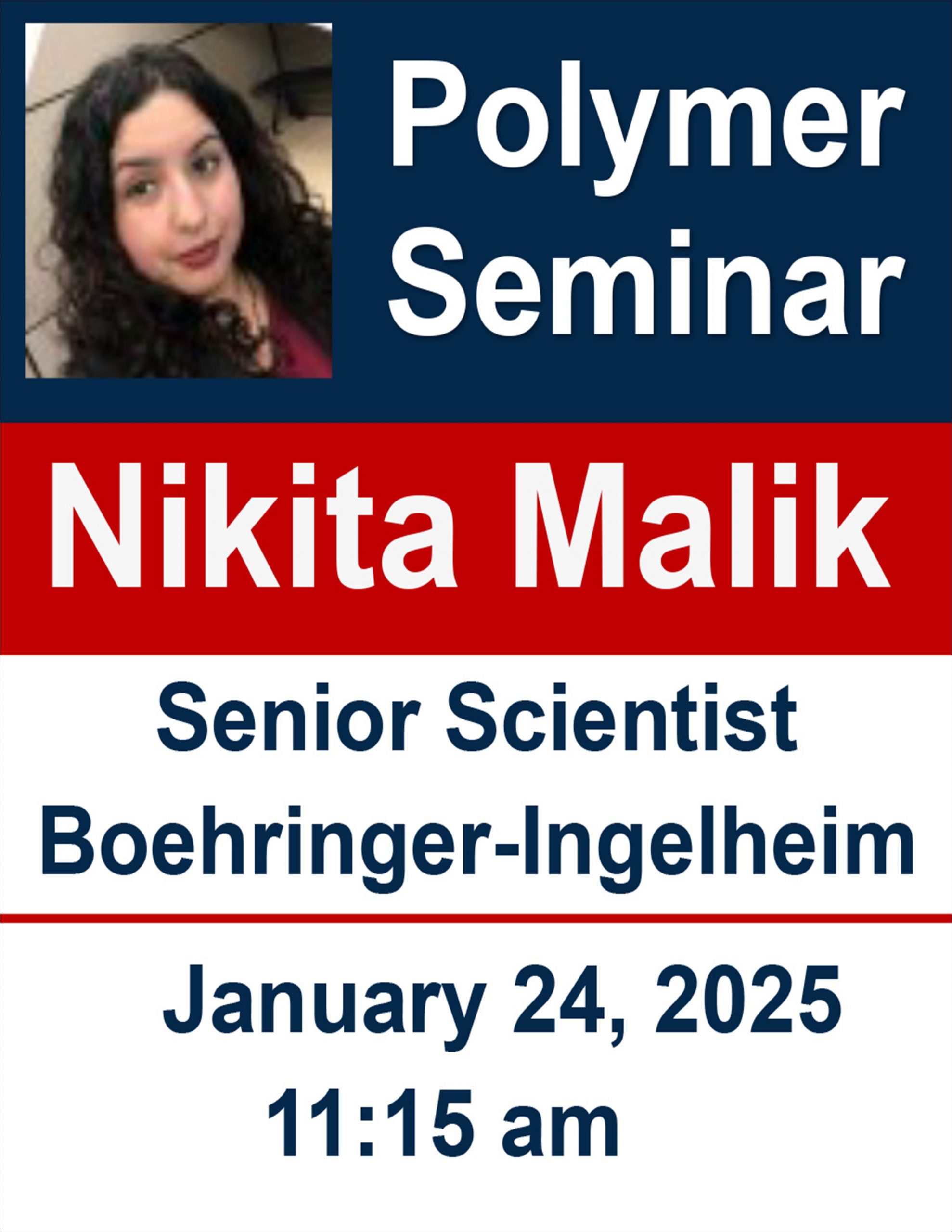 flyer announcing upcoming Polymer Program seminar featuring Nikita Malik, Senior Scientist at Boehringer-Ingelheim