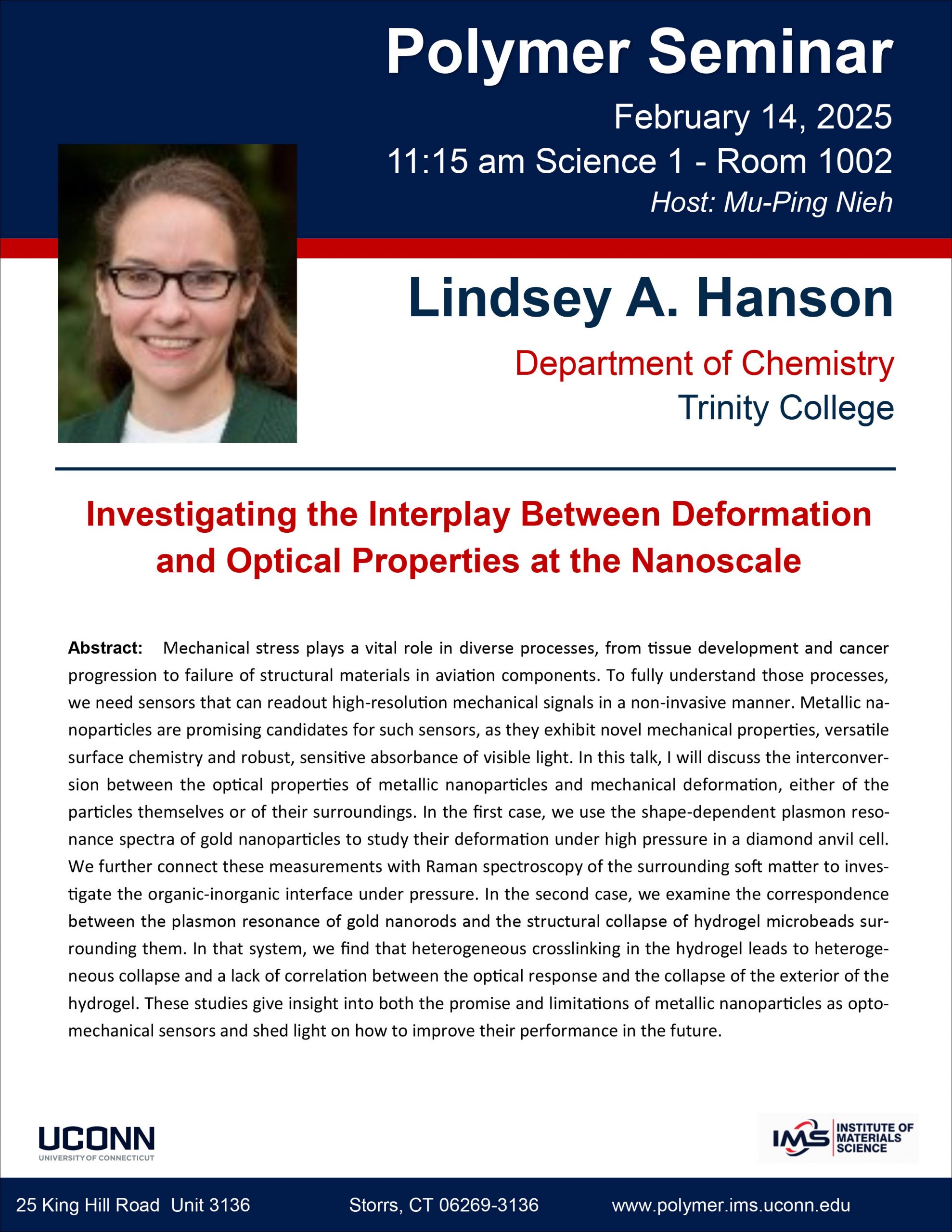 flyer announcing IMS polymer program seminar to be held on February 14, 2025 featuring Lindsey A. Haneon from the Department of Chemistry at Trinity College